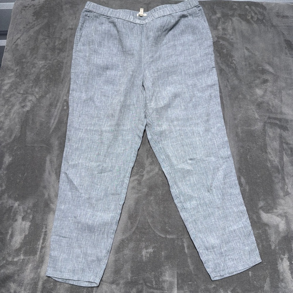 Eileen Fisher Organic Linen Tapered Pants Womens L Gray Pull On Casual Coastal